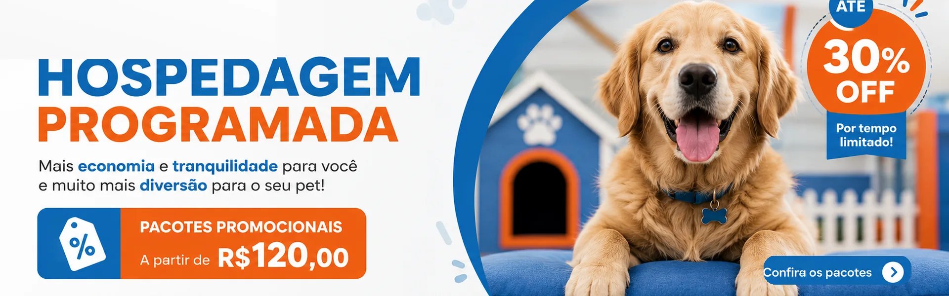 PetGoH — Hospedagem Programada. Mais economia e tranquilidade para você e muito mais diversão para o seu pet. Pacotes promocionais a partir de R$120,00.